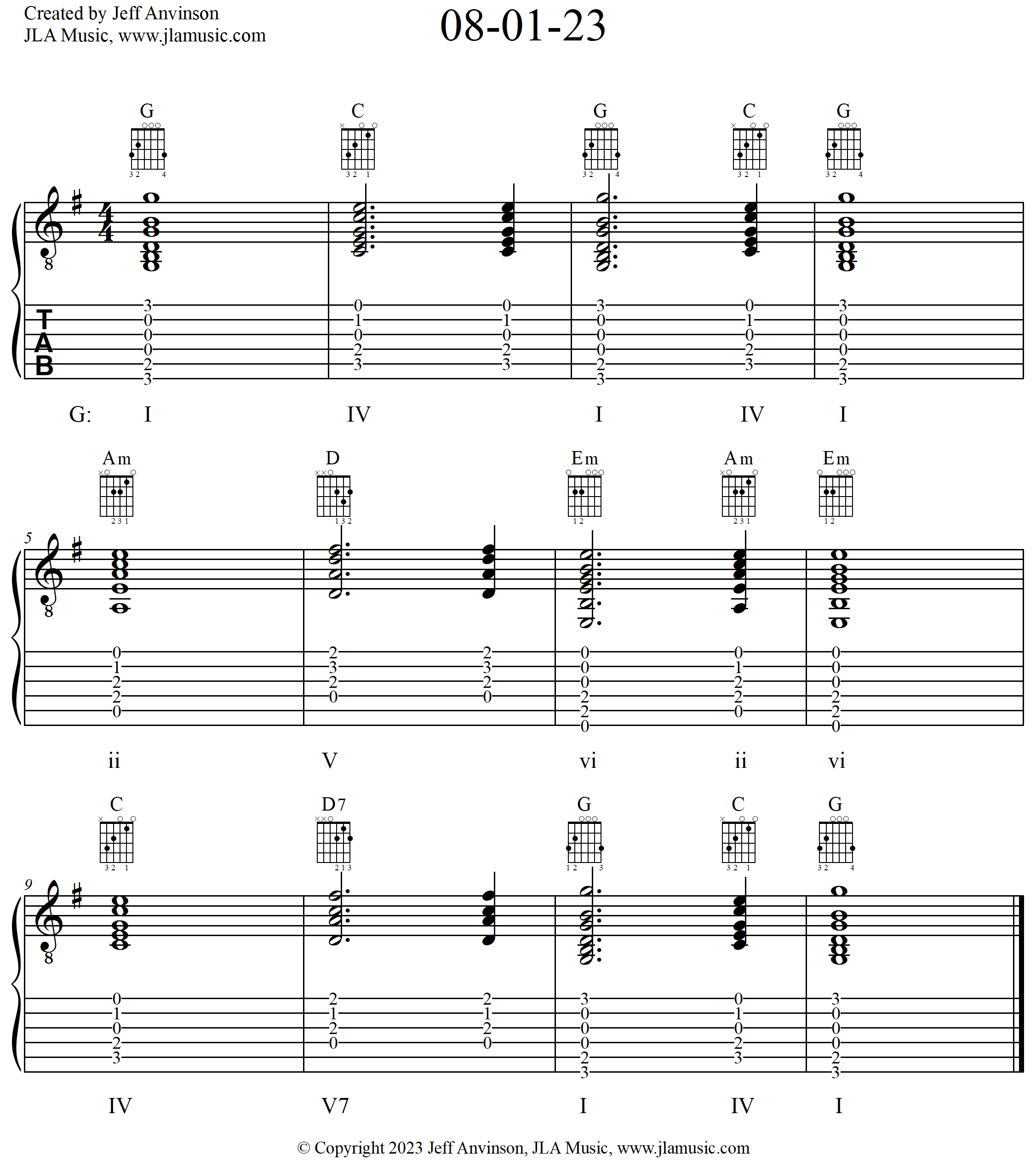 chord progression 08-01-23 copyright 2023 Jeff Anvinson JLA Music www.guitar-etc.com